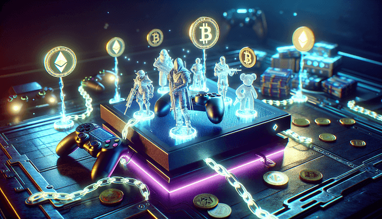 Blockchain game concept with digital assets and crypto tokens